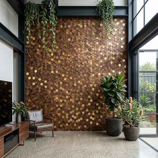 Elara Haus Gilded Hive – Architectural Honeycomb Walnut & Gold Wall Panel