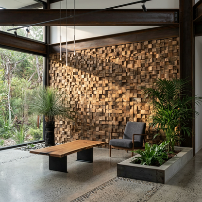Elara Haus Modern Pine Monolith – Minimalist Varied-Depth Wood Mosaic