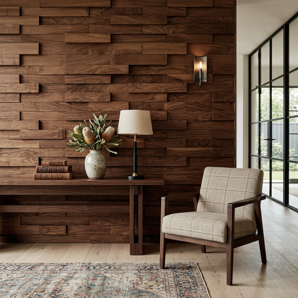 Elara Haus Modern Walnut Strata – Minimalist Layered Timber 3D Panel