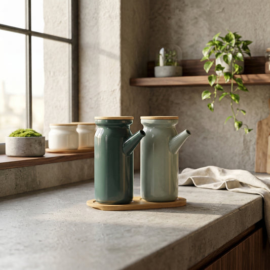 Elara Haus Ceramic Oil & Vinegar Dispenser – Teal & Bamboo
