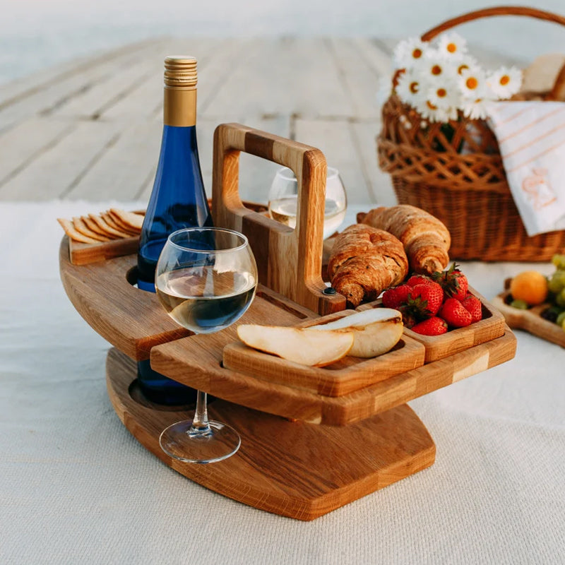 Elara Haus Portable Wooden Wine & Picnic Table with Carry Handle