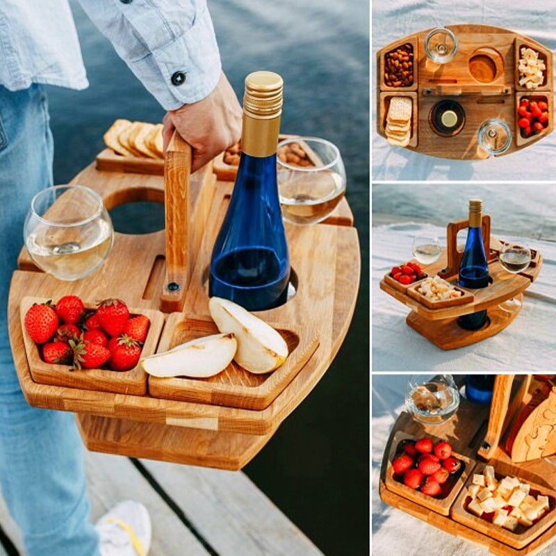 Elara Haus Portable Wooden Wine & Picnic Table with Carry Handle