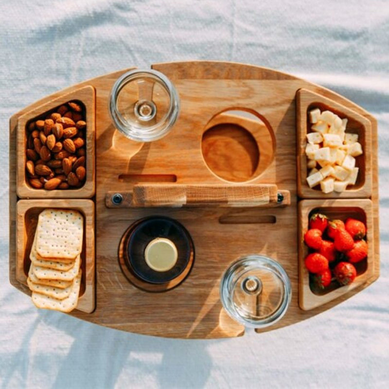 Elara Haus Portable Wooden Wine & Picnic Table with Carry Handle