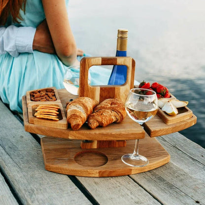 Elara Haus Portable Wooden Wine & Picnic Table with Carry Handle