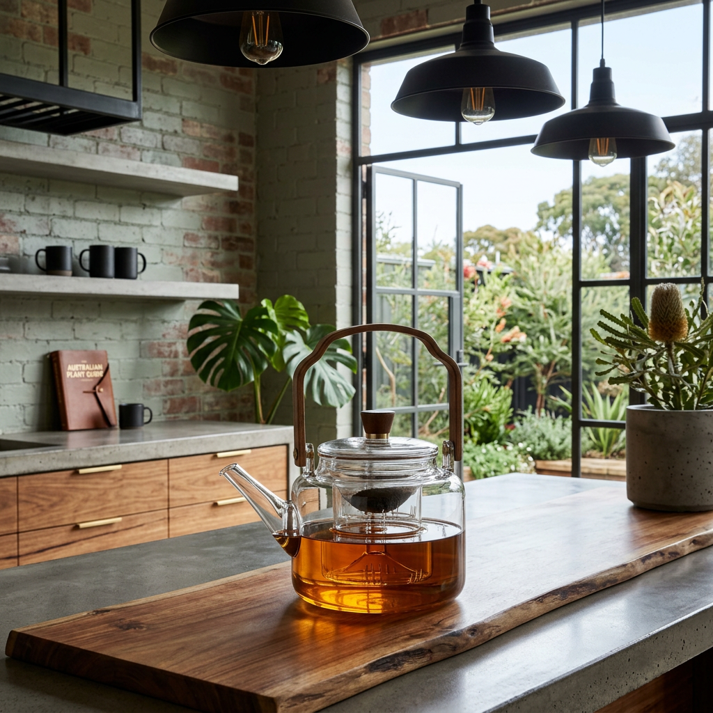 Grijzen Japandi Borosilicate Glass Teapot with Walnut Handle