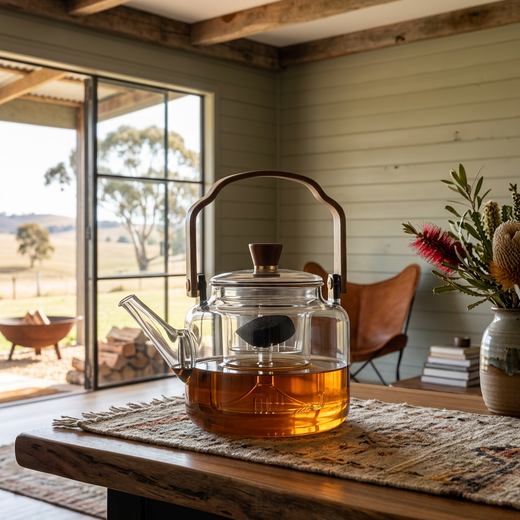 Grijzen Japandi Borosilicate Glass Teapot with Walnut Handle