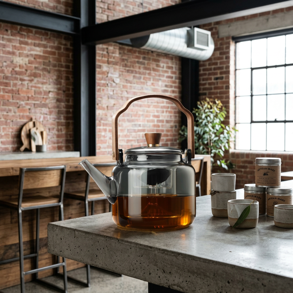 Grijzen Japandi Borosilicate Glass Teapot with Walnut Handle