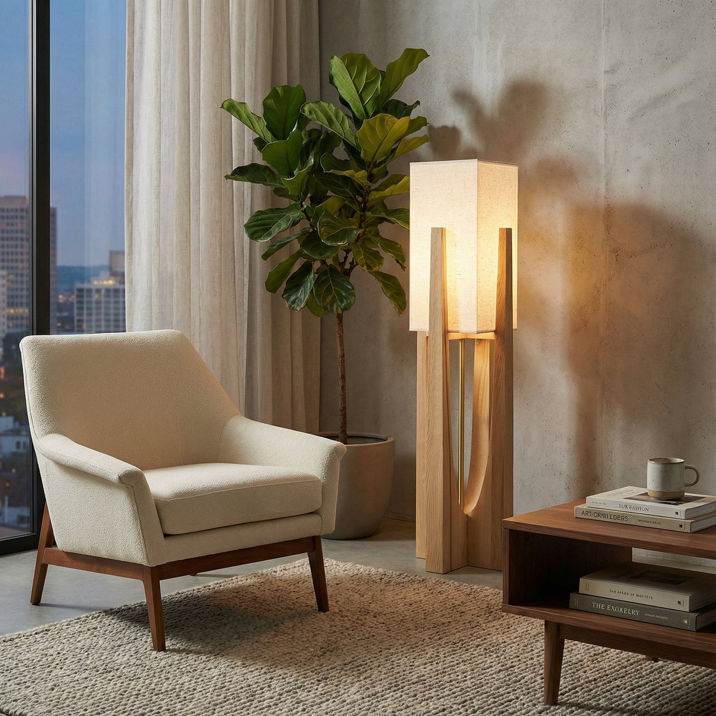 Japandi Wabi Sabi Floor Lamp Fabric & Wood Standing Light