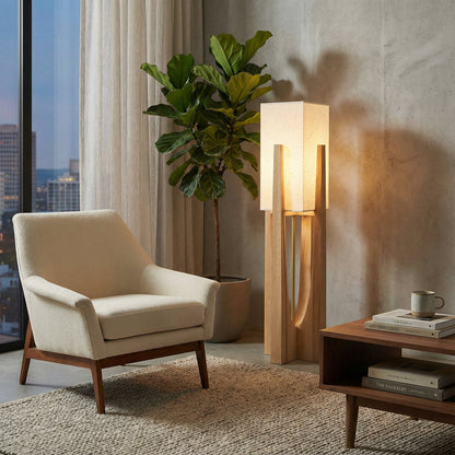 Japandi Wabi Sabi Floor Lamp Fabric & Wood Standing Light