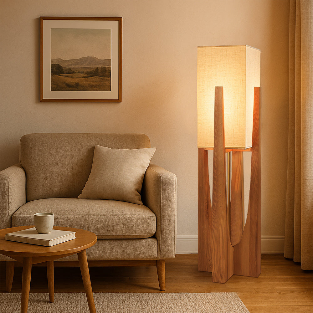 Japandi Wabi Sabi Floor Lamp Fabric & Wood Standing Light