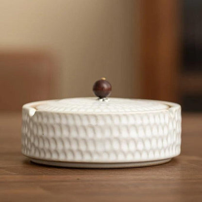 Handmade Retro Ashtray with Wood Lid | Japanese Pottery 10
