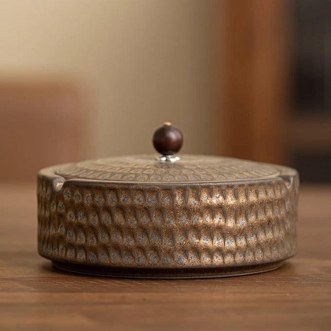 Handmade Retro Ashtray with Wood Lid | Japanese Pottery 11