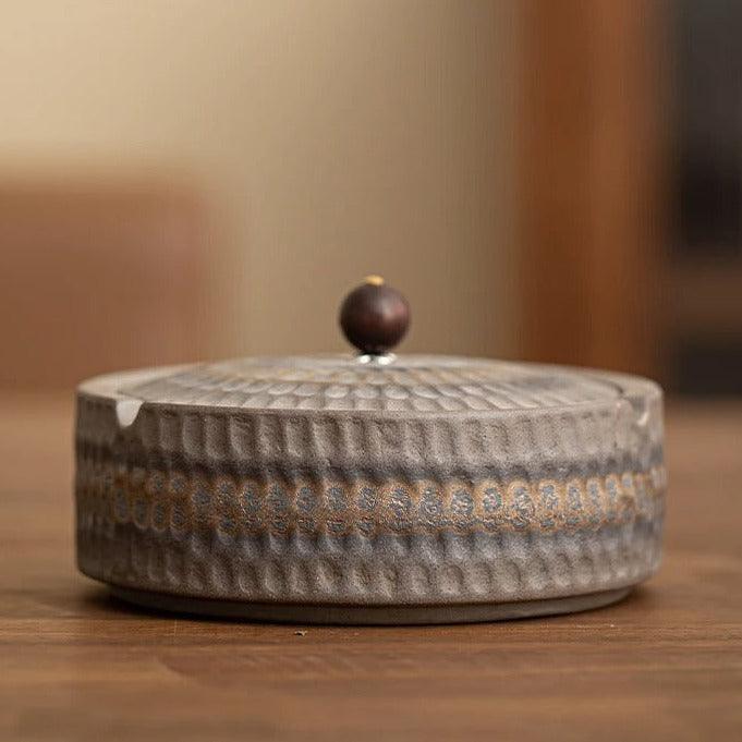 Handmade Retro Ashtray with Wood Lid | Japanese Pottery 12