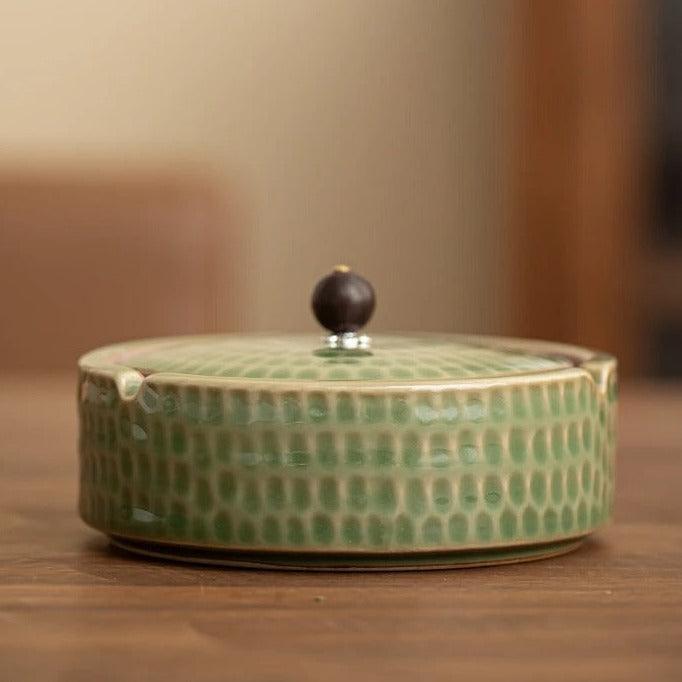 Handmade Retro Ashtray with Wood Lid | Japanese Pottery 0