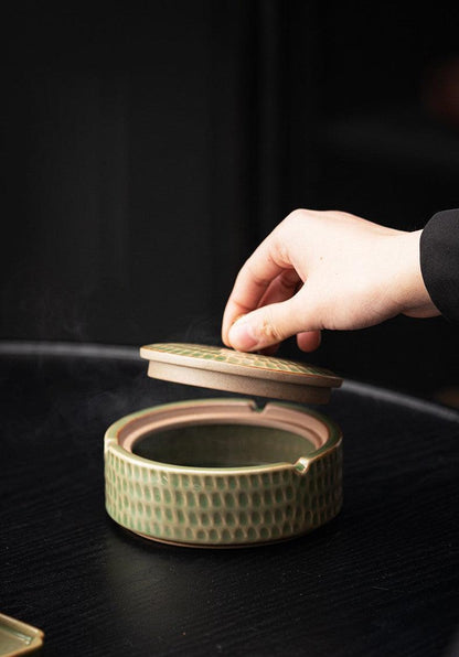 Handmade Retro Ashtray with Wood Lid | Japanese Pottery 5