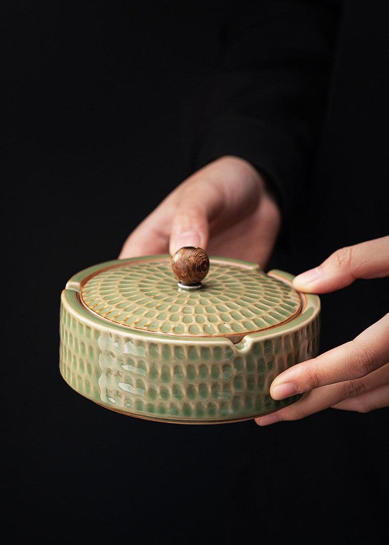 Handmade Retro Ashtray with Wood Lid | Japanese Pottery 6