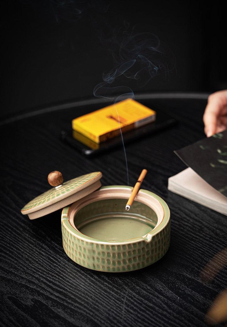 Handmade Retro Ashtray with Wood Lid | Japanese Pottery 7