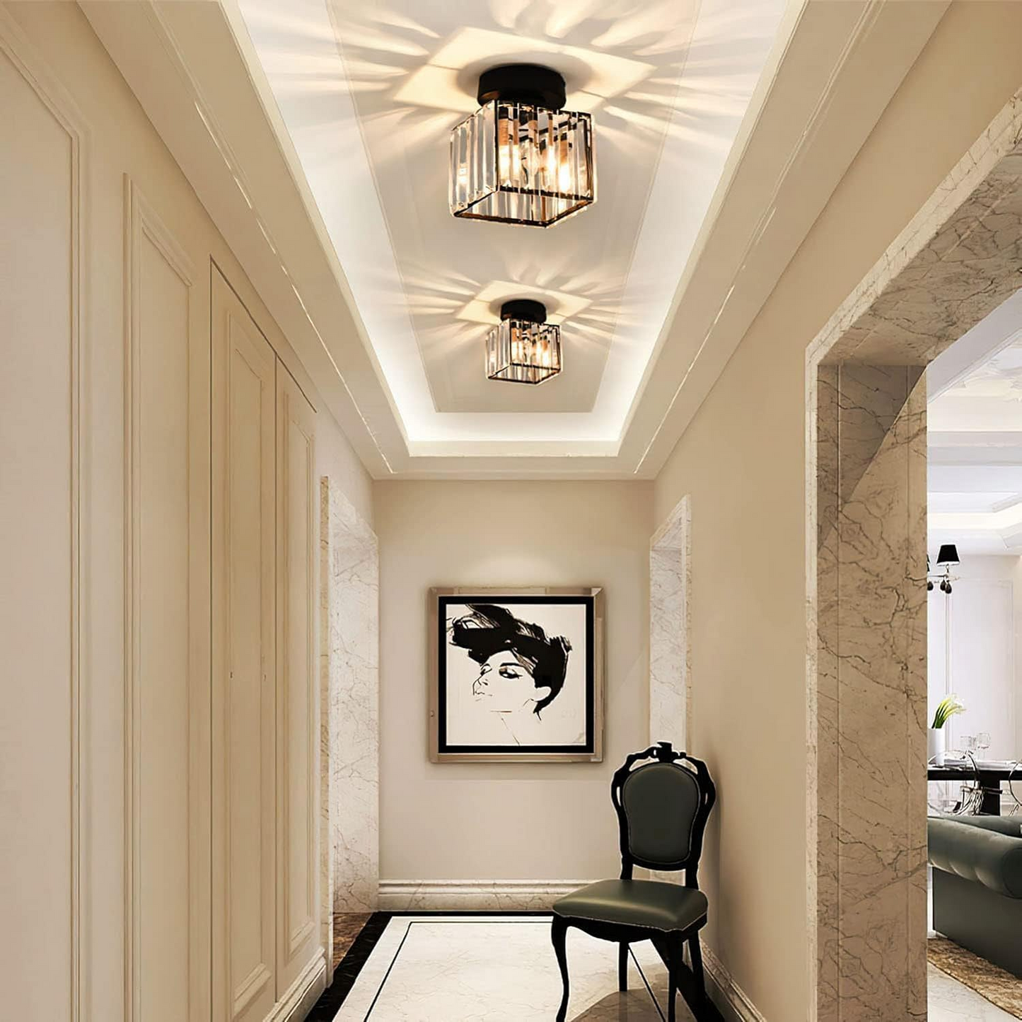 Modern Crystal Flush Mount Ceiling Light Black Hallway Fixture