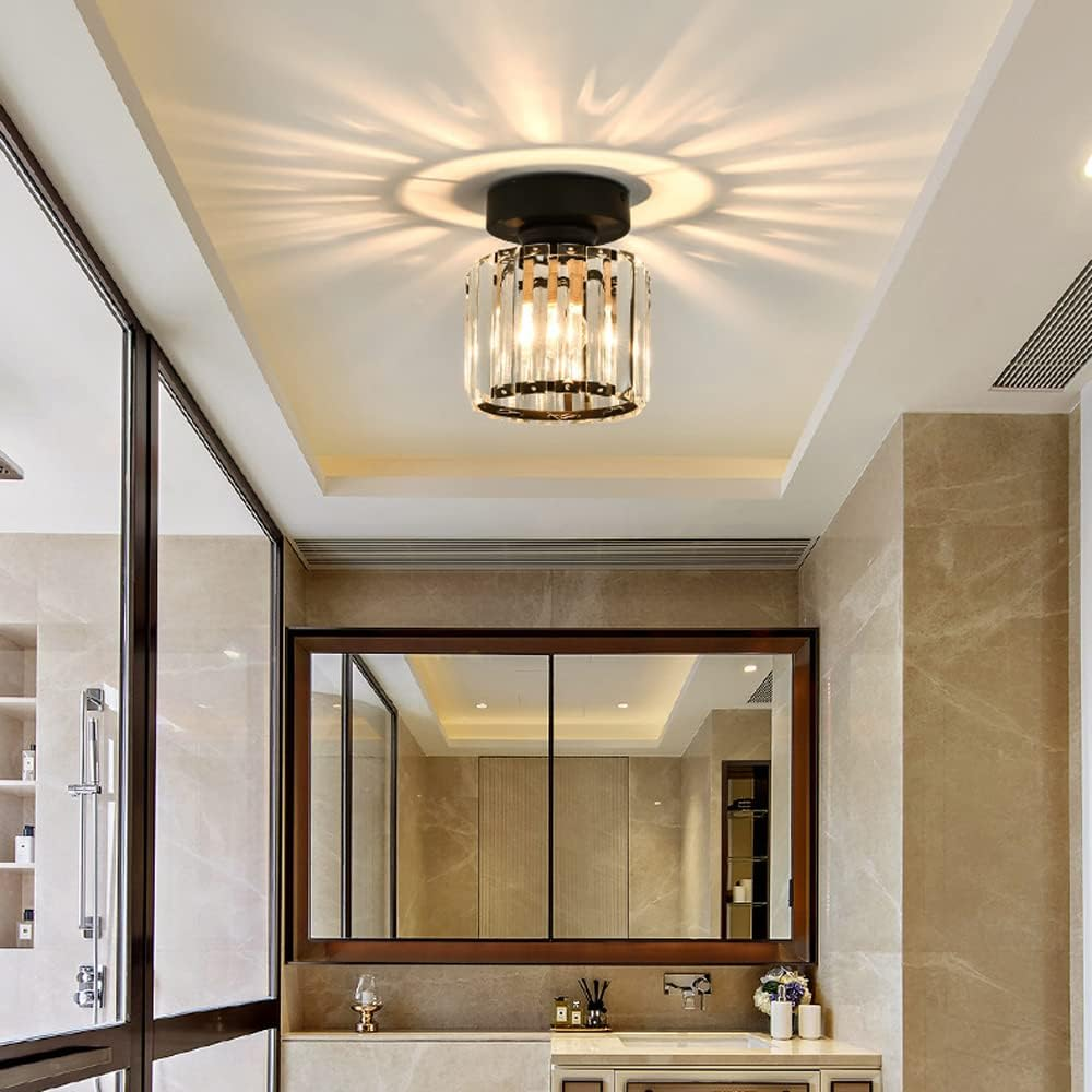 Modern Crystal Flush Mount Ceiling Light Black Hallway Fixture