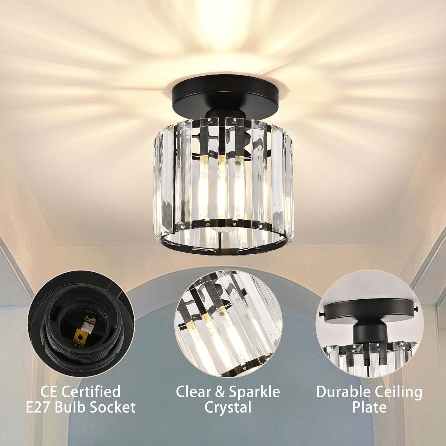 Modern Crystal Flush Mount Ceiling Light Black Hallway Fixture