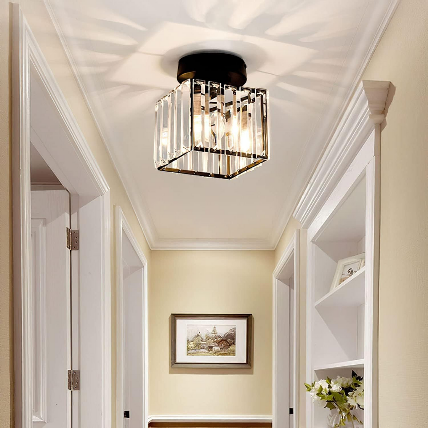 Modern Crystal Flush Mount Ceiling Light Black Hallway Fixture
