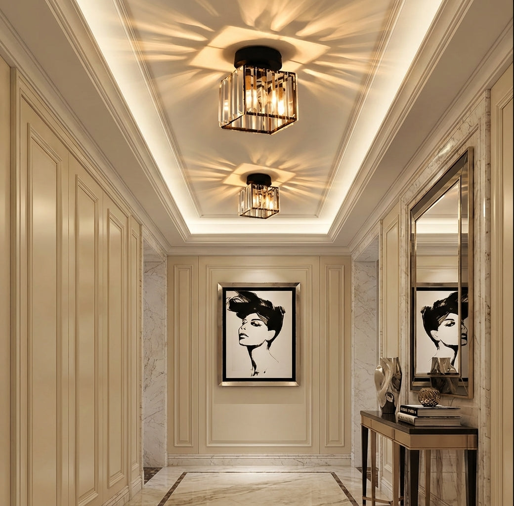 Modern Crystal Flush Mount Ceiling Light Black Hallway Fixture