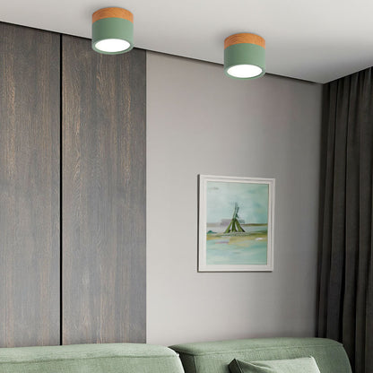 Modern Cylinder Surface Mounted Downlight Aluminium & Wood