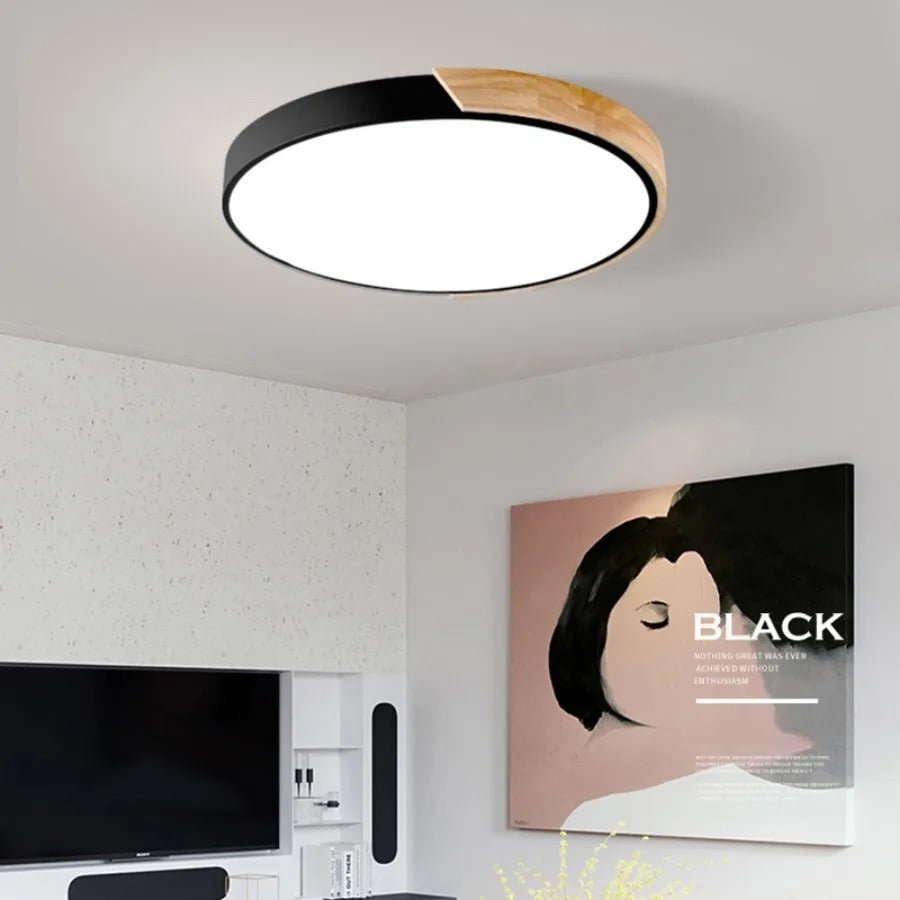 Modern Macaron Circular Ceiling Lamp - Timber Accented Interior Light