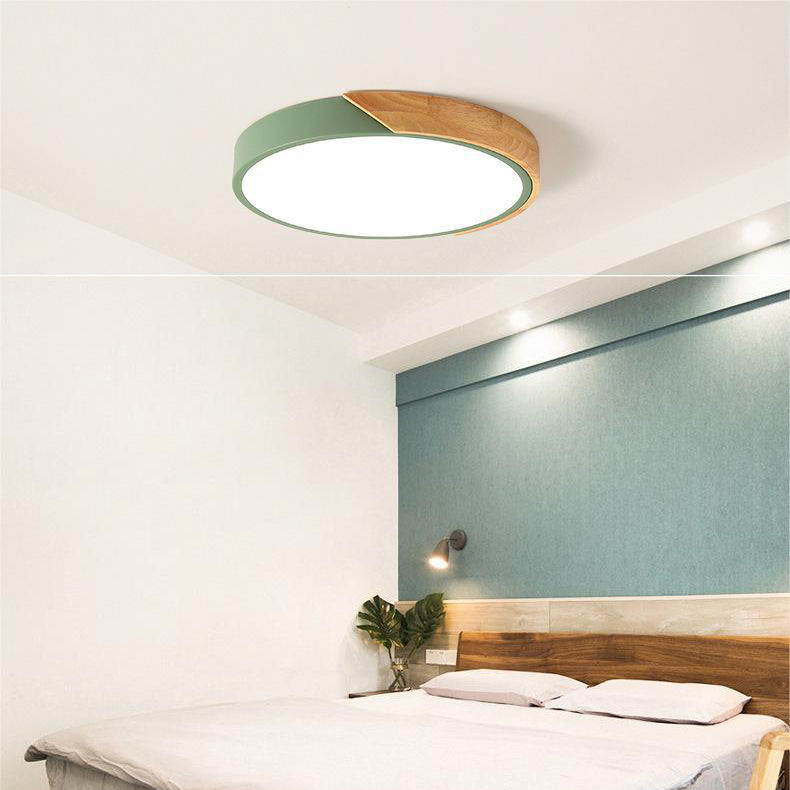 Modern Macaron Circular Ceiling Lamp - Timber Accented Interior Light