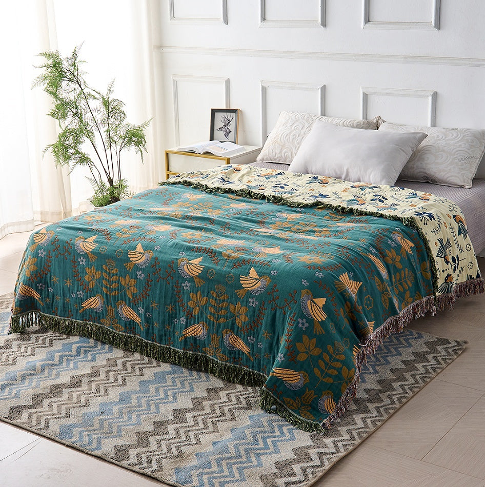 Reversible Jacquard Bird Blanket - 100% Cotton