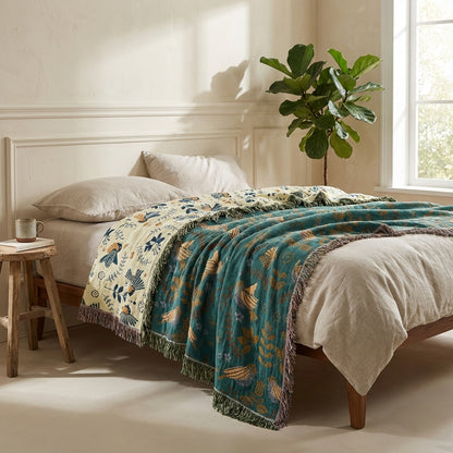 Reversible Jacquard Bird Blanket - 100% Cotton
