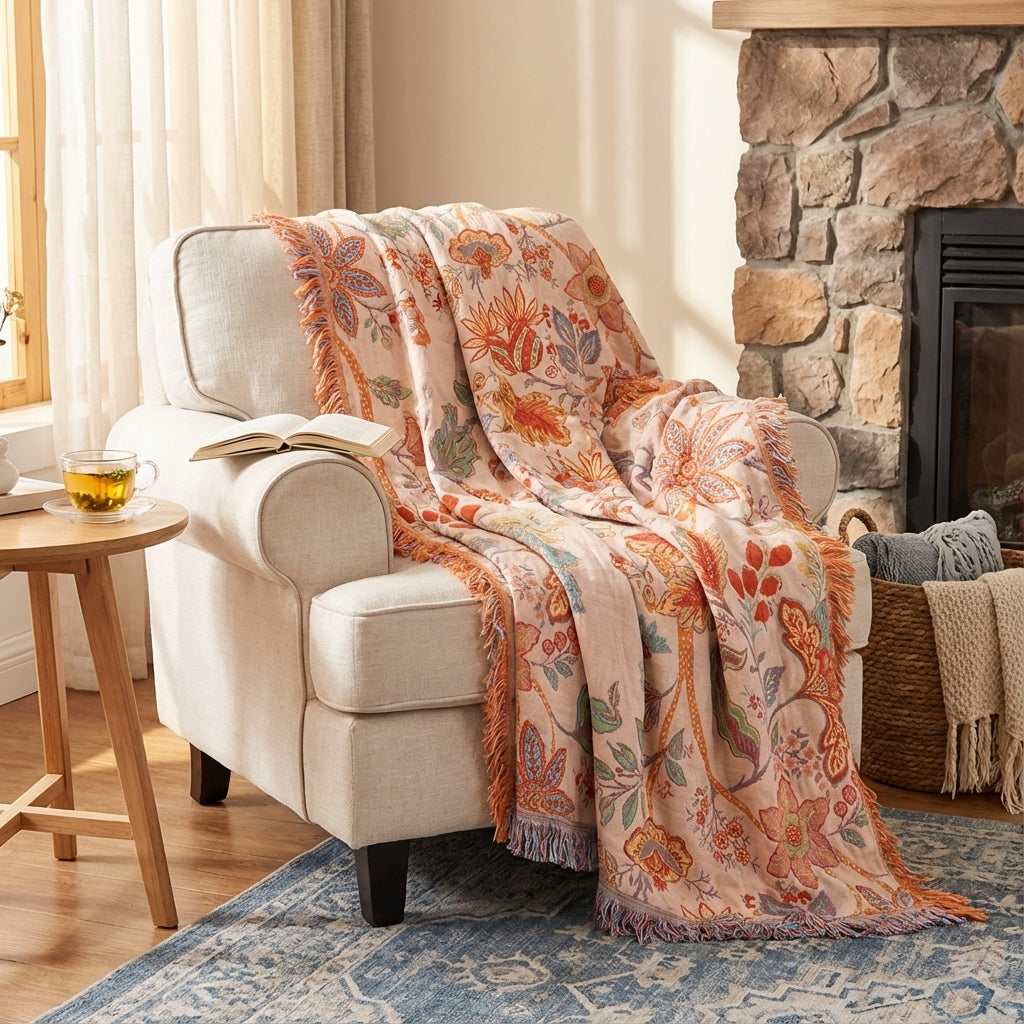 Rustic Orange & Blue Floral Blanket