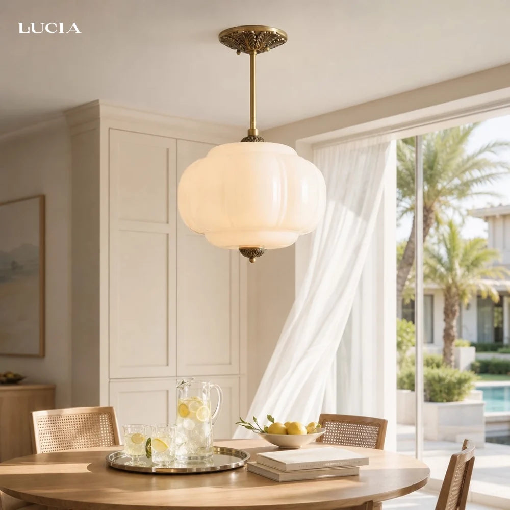 Lumi Antique Brass Green Glass Pumpkin Semi-Flush Mount Eloise Pendant 8