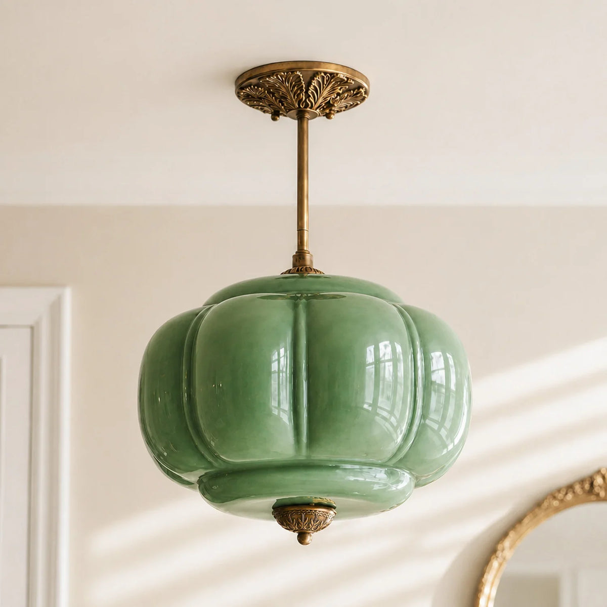 Lumi Antique Brass Green Glass Pumpkin Semi-Flush Mount Eloise Pendant 9