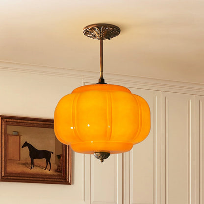 Lumi Antique Brass Green Glass Pumpkin Semi-Flush Mount Eloise Pendant 10