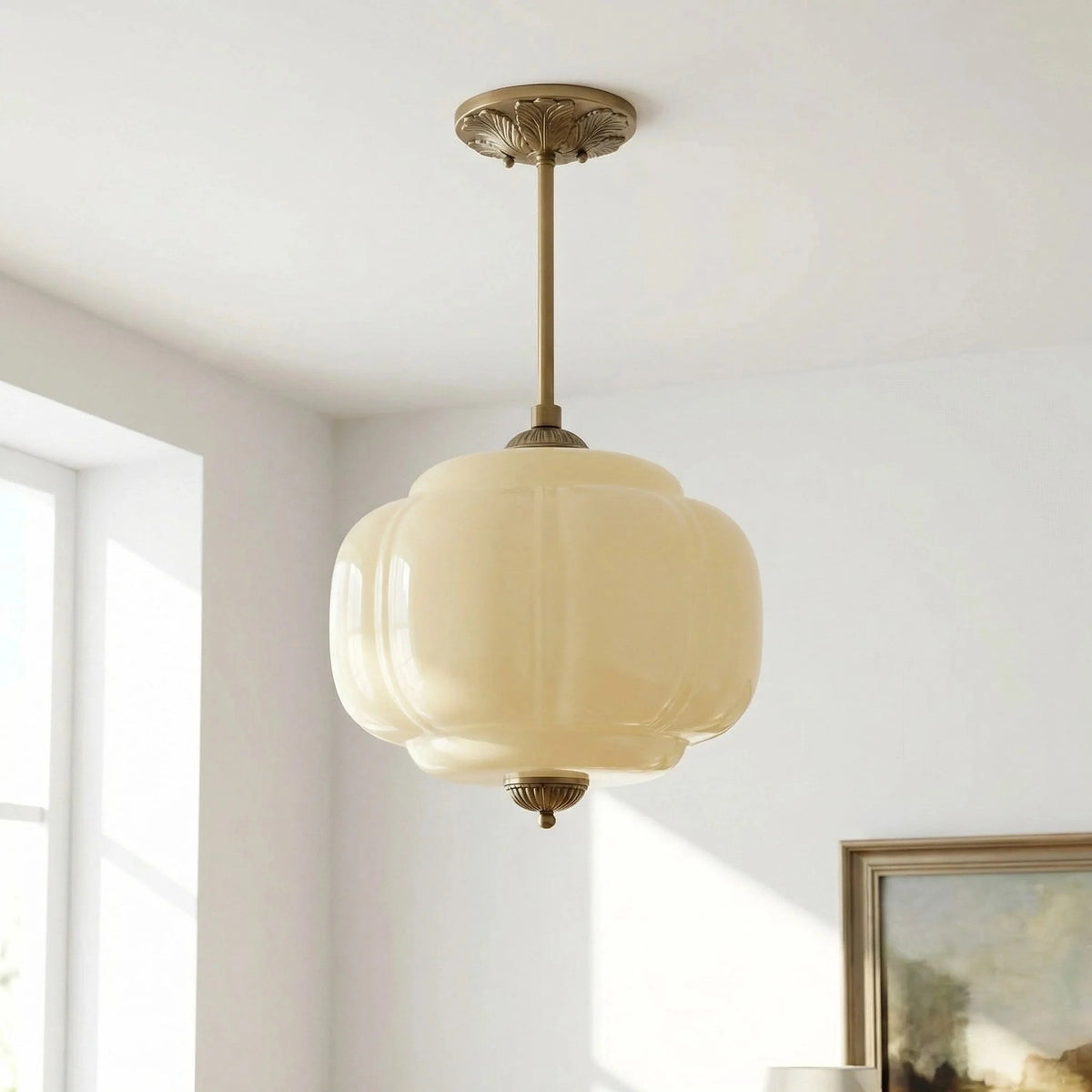 Lumi Antique Brass Green Glass Pumpkin Semi-Flush Mount Eloise Pendant 11