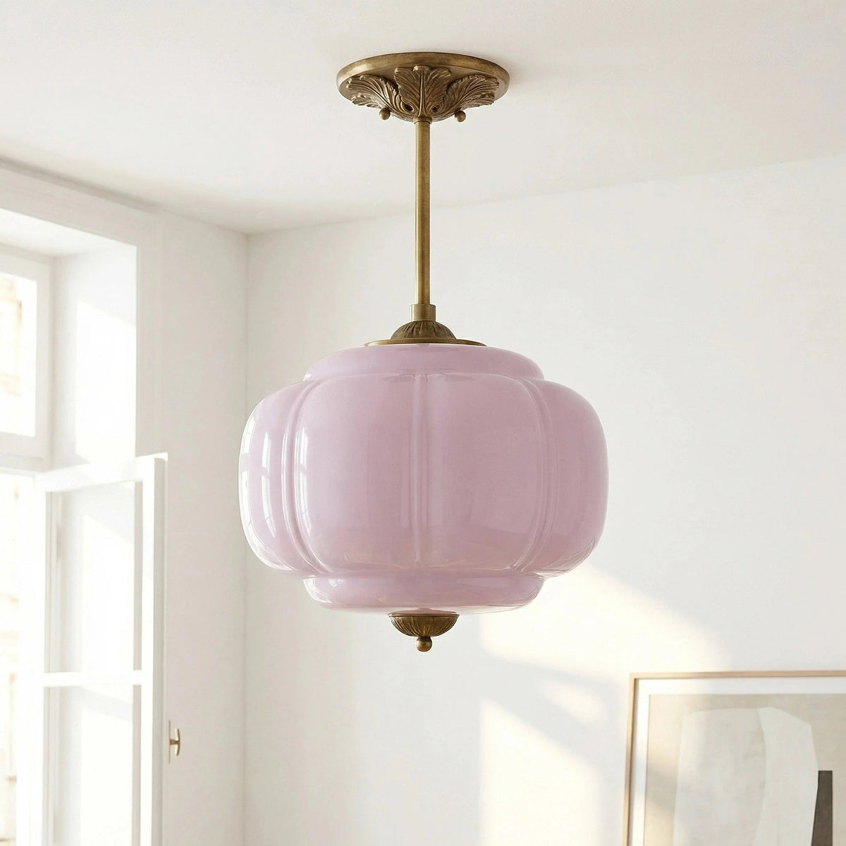 Lumi Antique Brass Green Glass Pumpkin Semi-Flush Mount Eloise Pendant 12