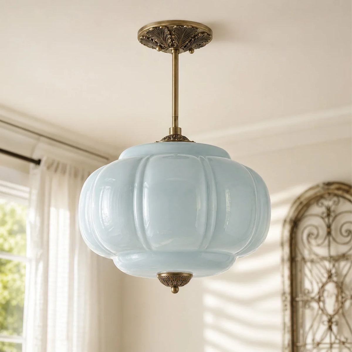 Lumi Antique Brass Green Glass Pumpkin Semi-Flush Mount Eloise Pendant 15