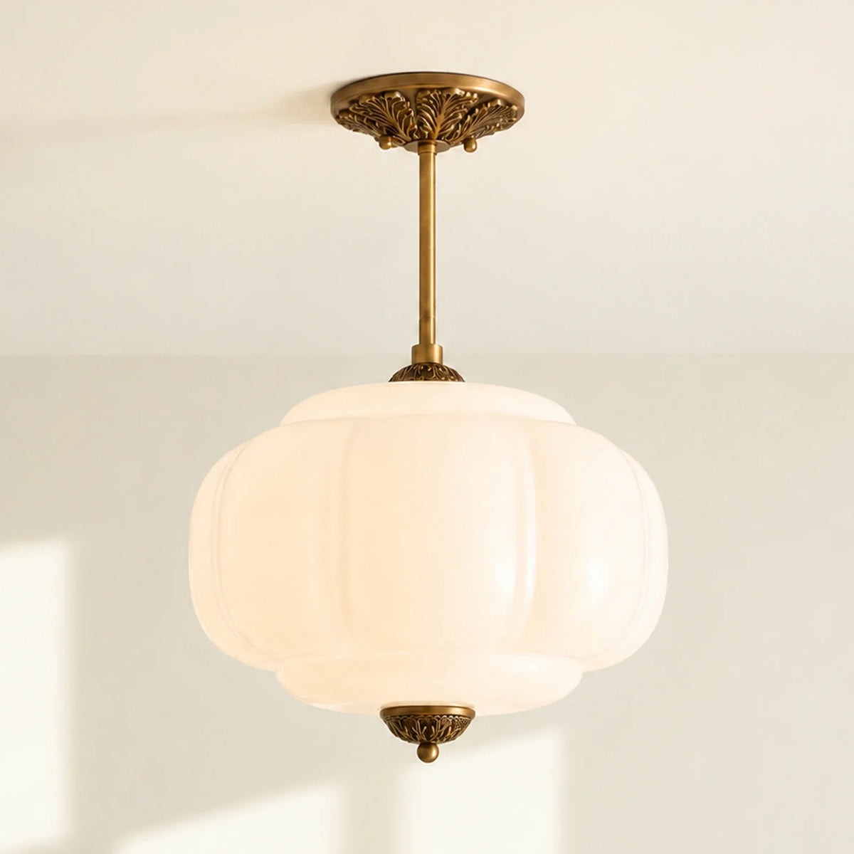 Lumi Antique Brass Green Glass Pumpkin Semi-Flush Mount Eloise Pendant 1