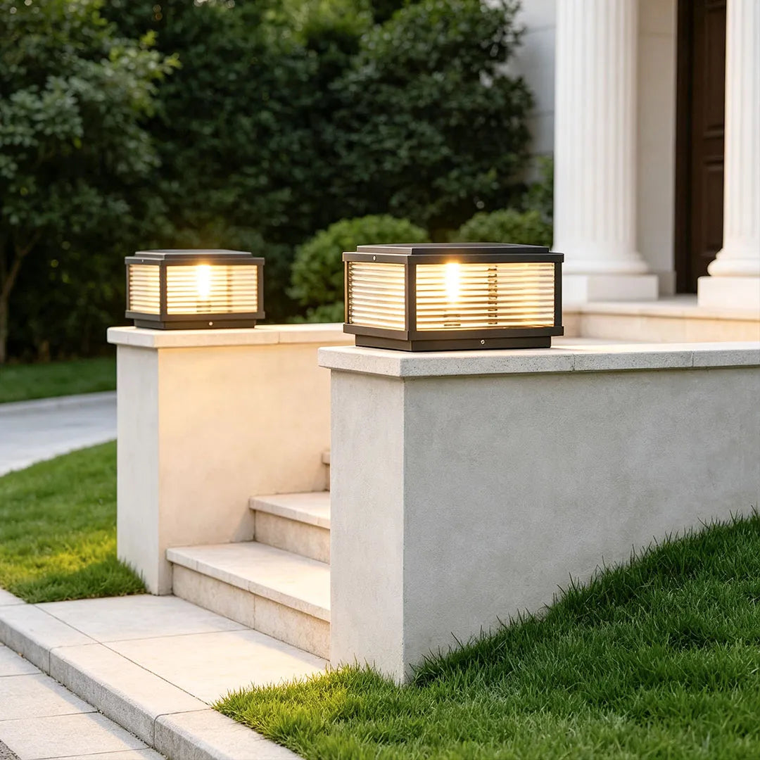 Square Pillar Light Ribbed Glass Outdoor Metal Light 7