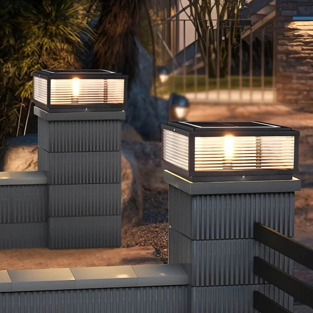 Square Pillar Light Ribbed Glass Outdoor Metal Light 0