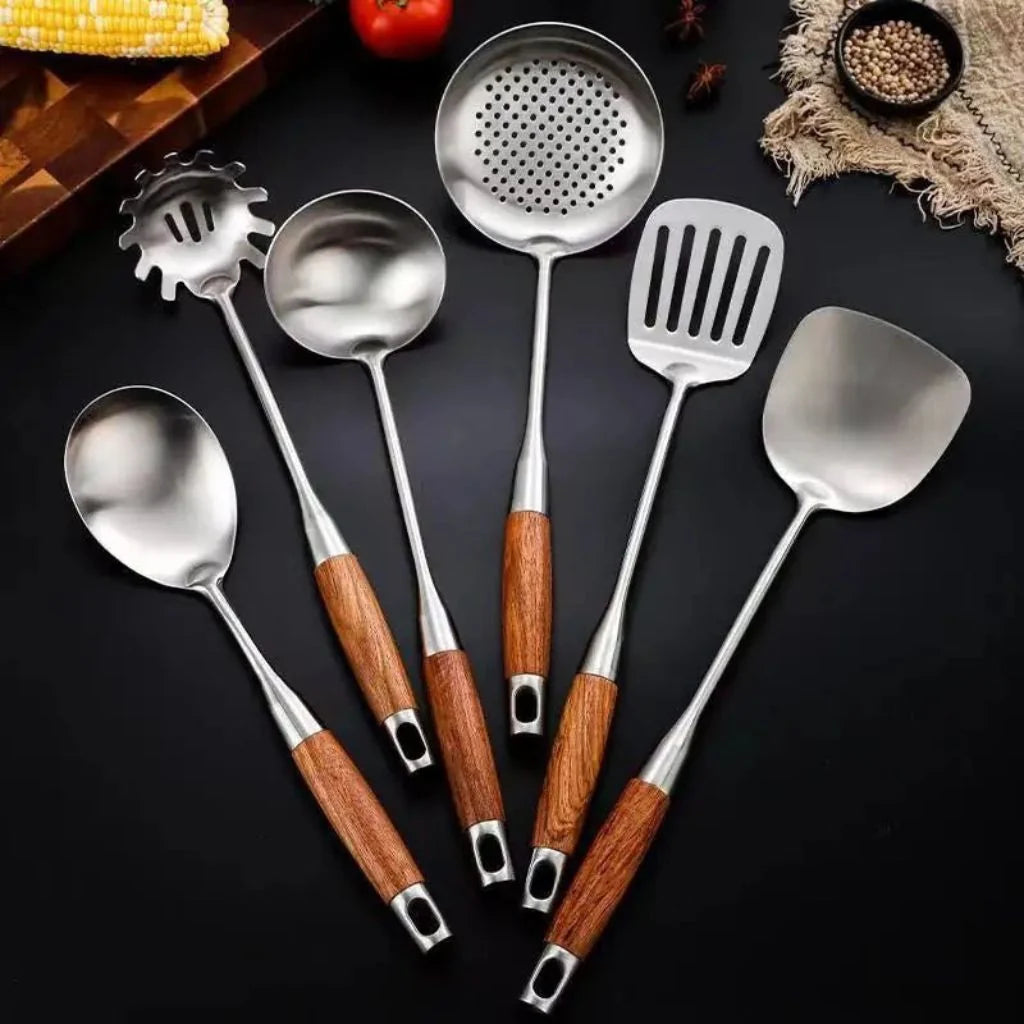 Elara Haus Kitchen Utensil Set - Stainless Steel with Wooden Handles 7