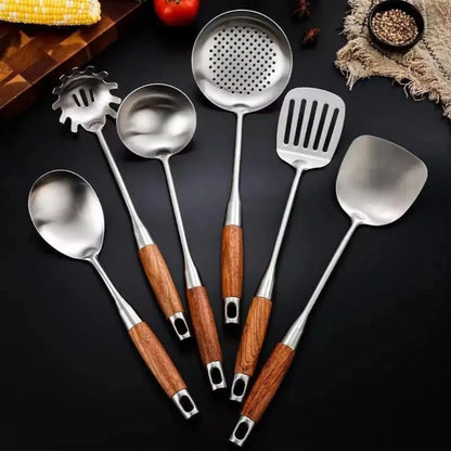 Elara Haus Kitchen Utensil Set - Stainless Steel with Wooden Handles 7