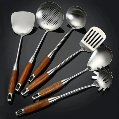 Elara Haus Kitchen Utensil Set - Stainless Steel with Wooden Handles 8