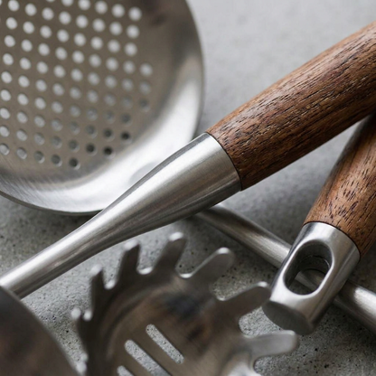 Stainless Steel Kitchen Utensil Set with Wood Handles