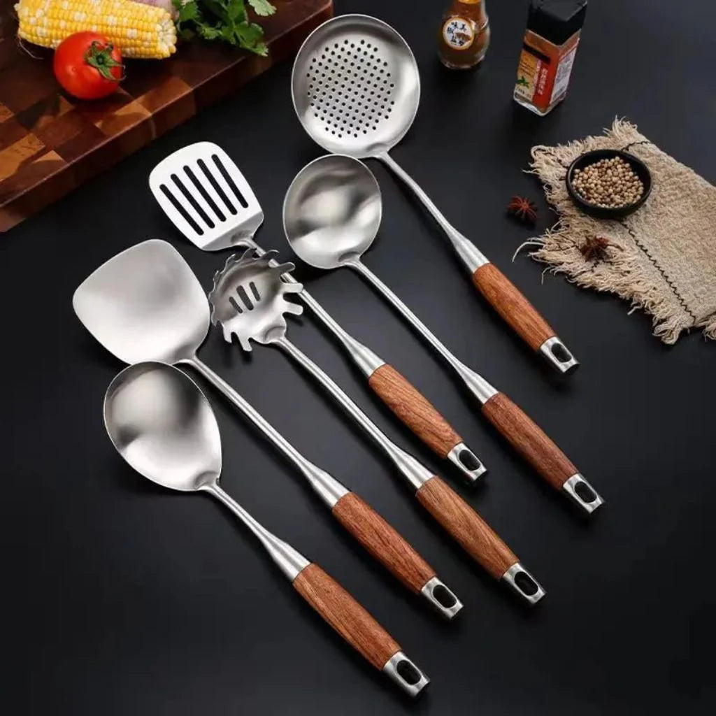 Elara Haus Kitchen Utensil Set - Stainless Steel with Wooden Handles 0