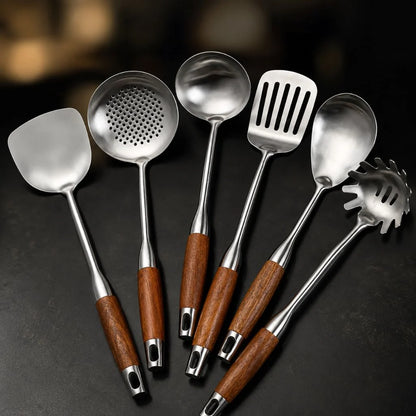 Elara Haus Kitchen Utensil Set - Stainless Steel with Wooden Handles 1