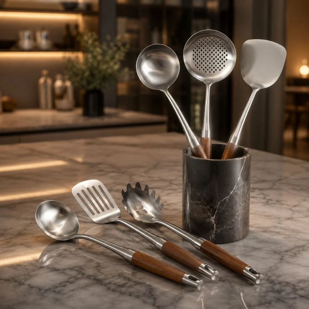 Elara Haus Kitchen Utensil Set - Stainless Steel with Wooden Handles 2