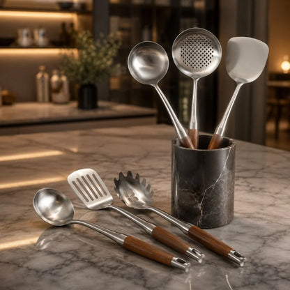 Elara Haus Kitchen Utensil Set - Stainless Steel with Wooden Handles 2