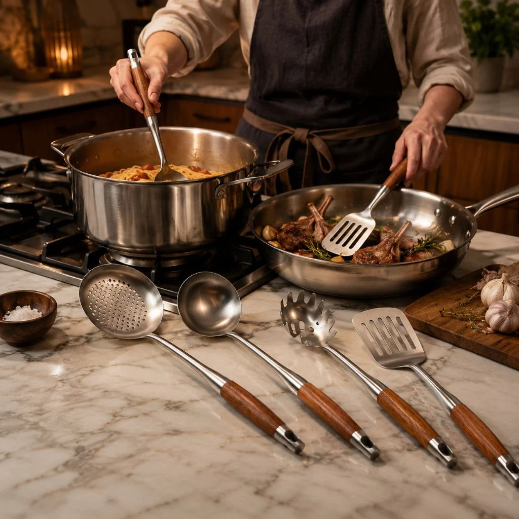 Elara Haus Kitchen Utensil Set - Stainless Steel with Wooden Handles 3